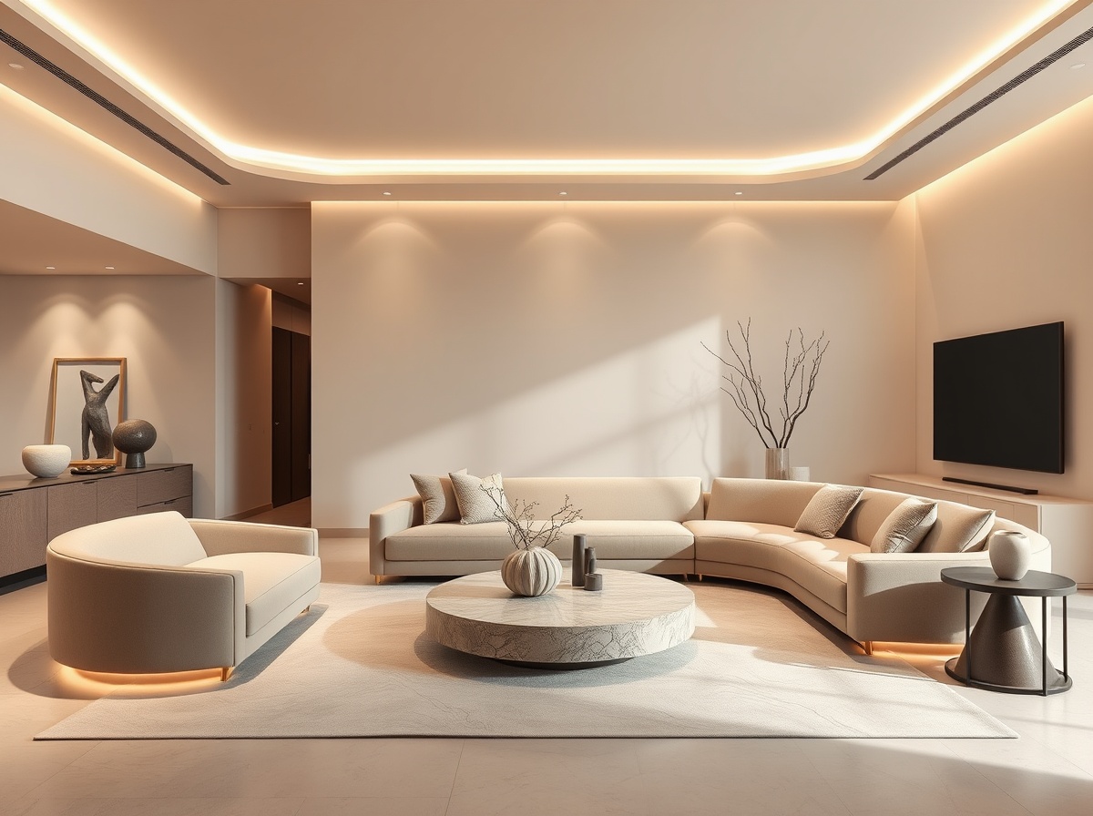 Luxuriöses Wohnzimmer mit curved Sofa, Travertin Couchtisch und indirekter Beleuchtung