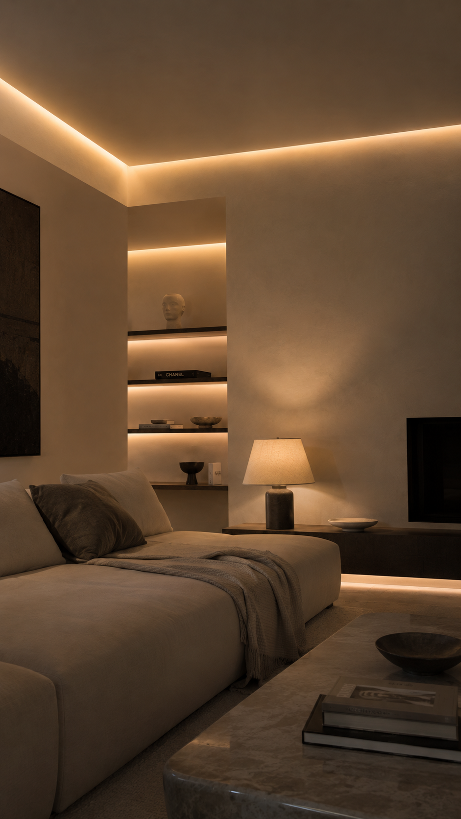 Warm minimalistisches Schlafzimmer mit indirekter LED-Beleuchtung
