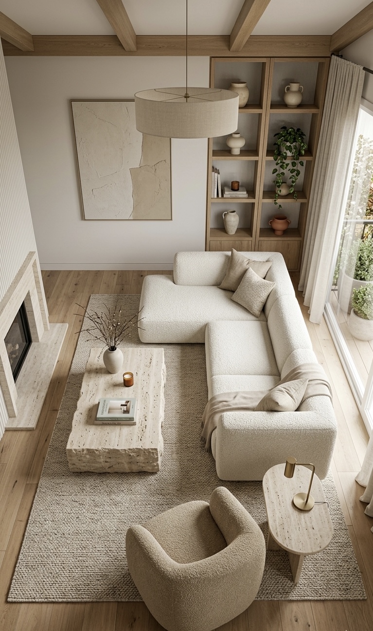 Material-Kontraste: Travertin, dunkles Holz, Bouclé-Textil und Leinen