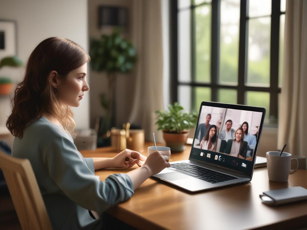 A hyper-realistic close-up shot of a patient engaging in a virtual consultation on a laptop. The background features a cozy living room with soft lighting and personal items. The patient's expression shows attentiveness and engagement as they converse with a healthcare provider on-screen. The image captures the essence of telehealth, shot with a 45mm f/1.2 lens.