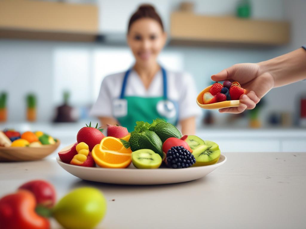 A hyper-realistic close-up shot of a nutritionist presenting a colorful plate of healthy food options to a client. The background features a bright kitchen setting with fresh fruits and vegetables. The nutritionist appears enthusiastic and knowledgeable, enhancing the sense of personalized care. The focus is on the vibrant food and the interaction between the nutritionist and the client, shot with a 45mm f/1.2 lens.