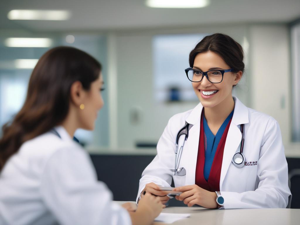A close-up shot of a healthcare professional in a white coat, smiling and discussing health assessments with a patient. The background features a clean, modern medical office with soft lighting. The healthcare professional holds a clipboard, indicating a friendly and professional consultation atmosphere. The image is rendered in hyper-realistic style, with focus on the professional’s facial expression and the clipboard, shot with a 45mm f/1.2 lens.
