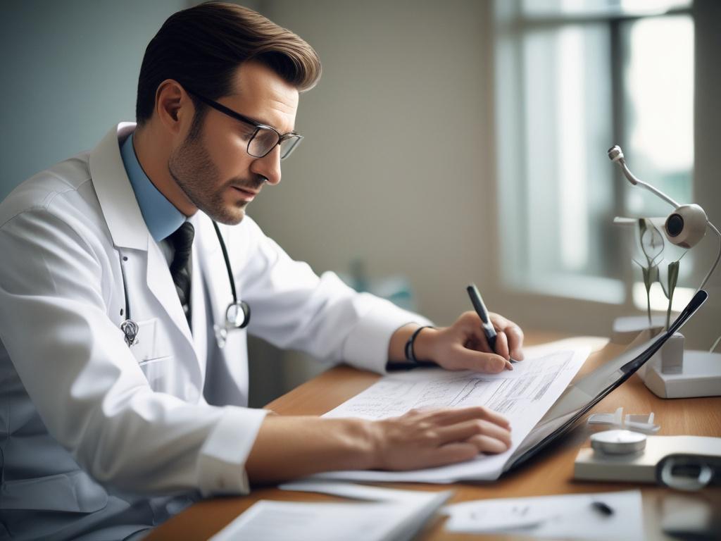 A close-up shot of a doctor examining a patient's health report, seated in an office with a calm and professional atmosphere. The doctor is focused on the report, showcasing a sense of care and attention. Soft lighting enhances the warm tones of the office, while the background features a neatly organized desk with health-related items. The image is shot with a 45mm f/1.2 lens, creating a soft bokeh effect that emphasizes the doctor and the report.