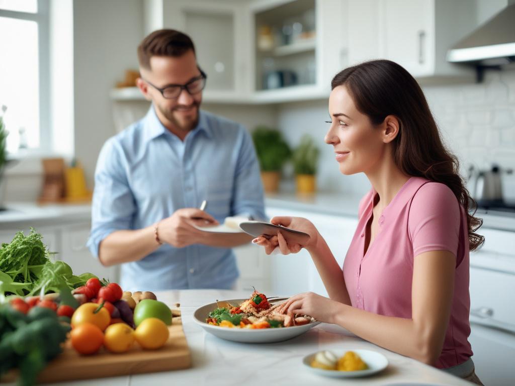 A close-up shot of a nutritionist discussing a meal plan with a client, set in a bright, inviting kitchen. The nutritionist is pointing at a colorful plate of healthy food, demonstrating enthusiasm and expertise. The background features fresh fruits and vegetables, emphasizing a healthy lifestyle. The image is captured with a 45mm f/1.2 lens, creating a vibrant, focused view that highlights the interaction between the nutritionist and the client.