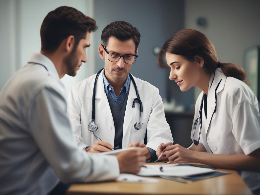 A close-up shot of a healthcare professional discussing a personalized health plan with a patient. The scene captures the professional attentively listening and taking notes, with a warm and inviting office background, enhanced by soft, natural lighting. The healthcare professional is of diverse ethnicity, wearing a white coat, and the focus is on their engaged expression and the clipboard with health charts, embodying a caring and personalized approach.