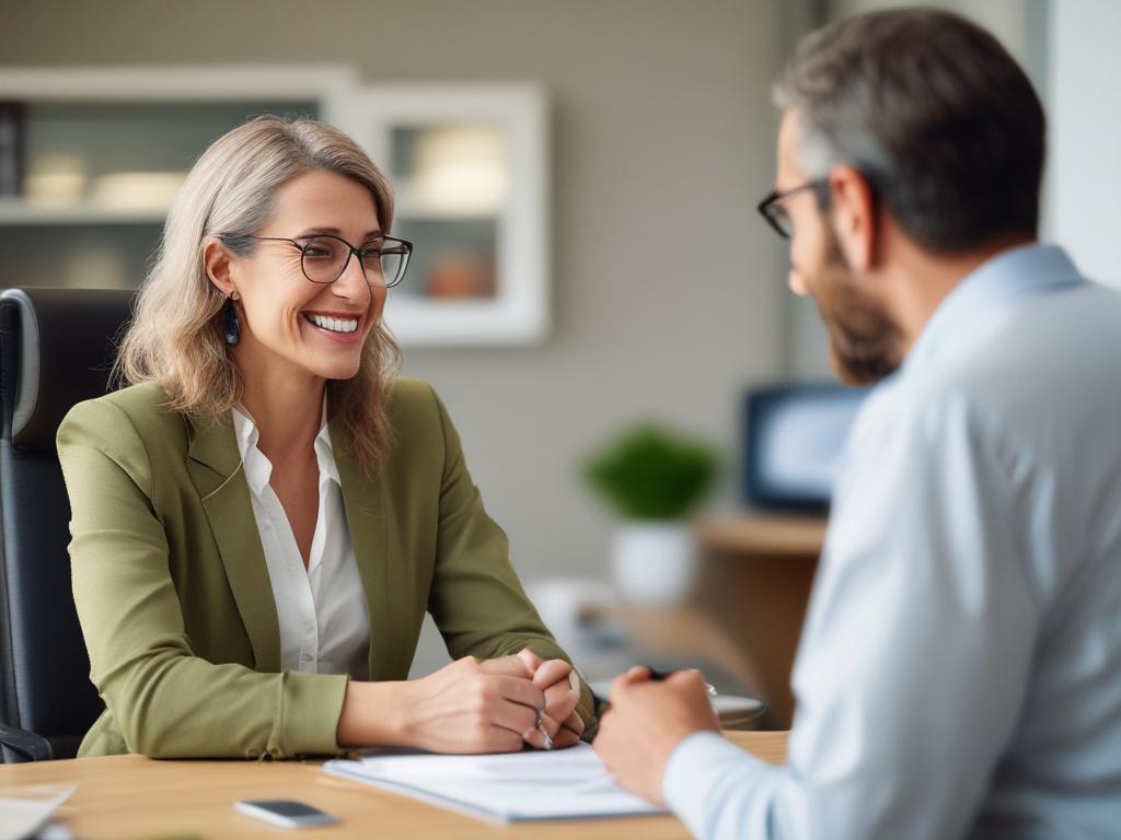 A close-up shot of a wellness consultant engaging with a client in a bright and welcoming office space. The consultant, a middle-aged woman with a friendly demeanor, is presenting a wellness plan on a tablet. The background features indoor plants and calming decor, creating an atmosphere of tranquility and support. The focus is on the consultant's encouraging expression as they discuss wellness strategies.