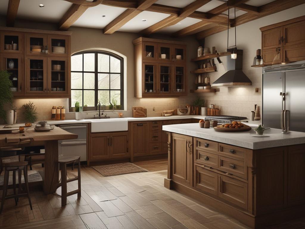 A beautifully crafted custom kitchen, featuring rustic wooden cabinets, earthy