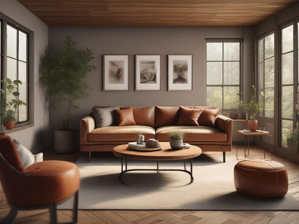 A renovated living room featuring modern furniture, warm colors, and