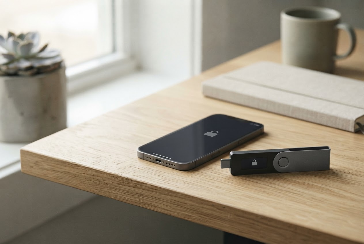 An unbranded hardware wallet and smartphone on a softly lit desk