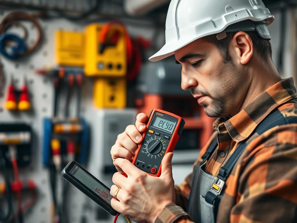 An electrician diagnosing an electrical issue with a multimeter in