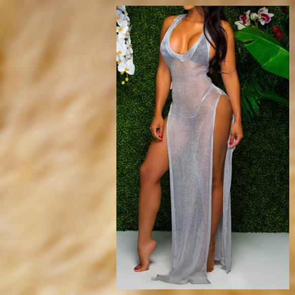 Sexy Deep V Neck Sleeveless See Through High Split Cover Up