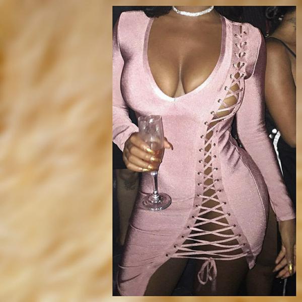 Sexy V Neck Lace UP Pink Velvet Mini Dress