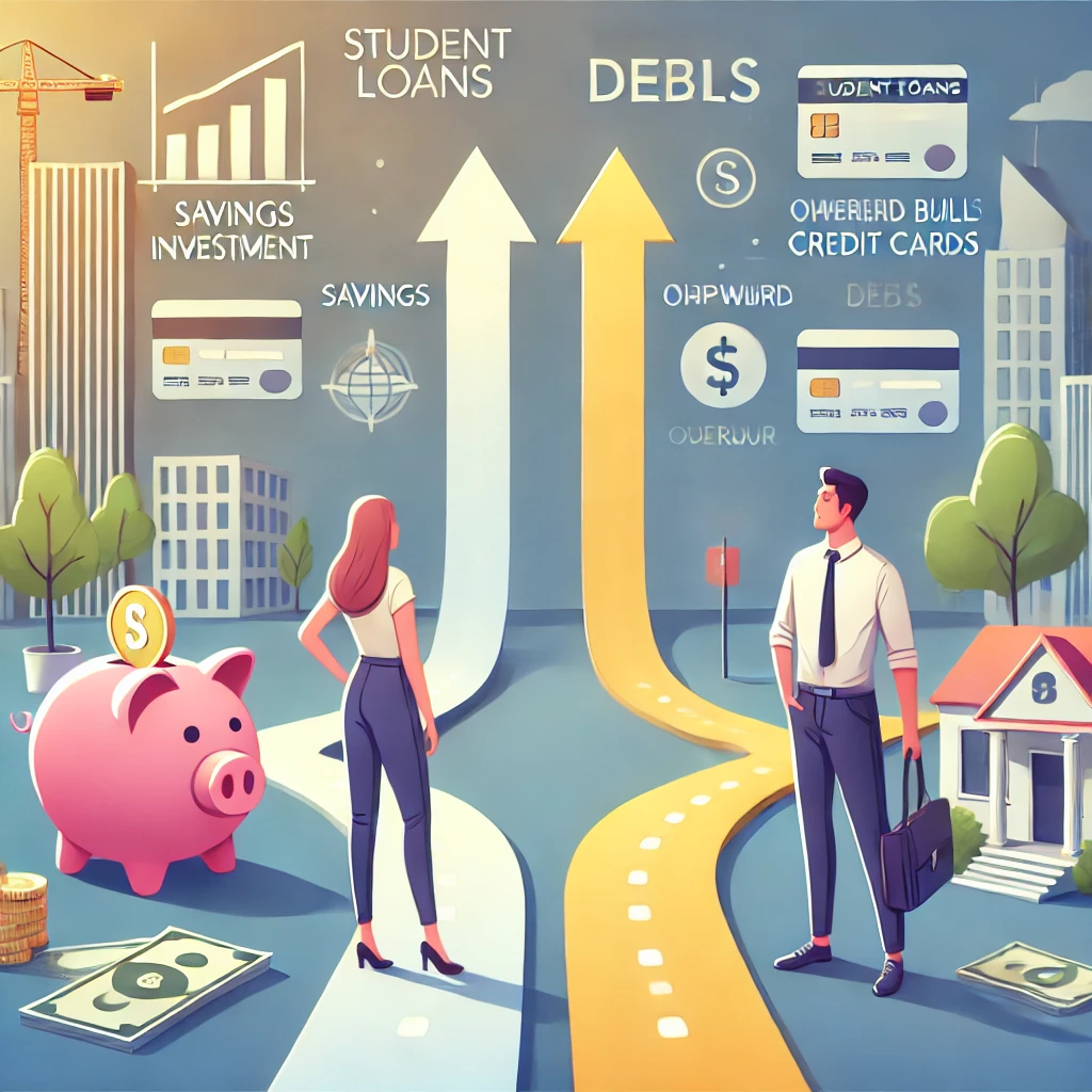 dall·e 2025-01-03 20.02.47 - an illustration of two young professionals standing at a financial crossroads. on one side, a bright path leading to savings, investment, and financia.webp