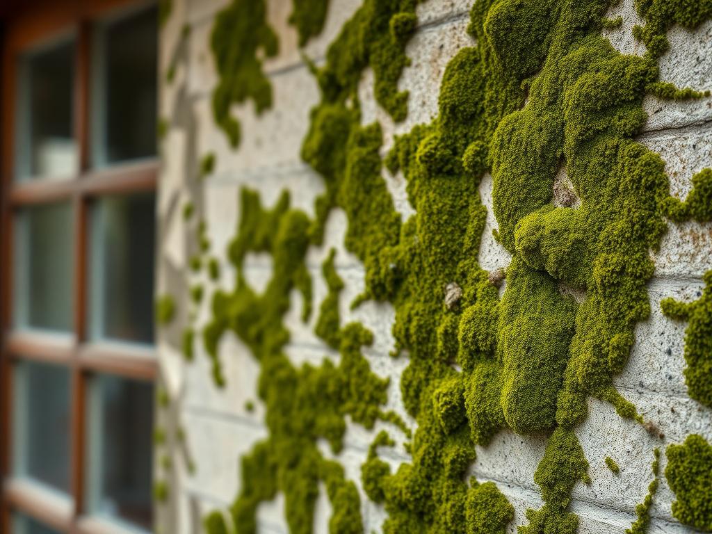 A close-up shot of a dirty house facade covered with moss. The image should focus on the textures of the moss and dirt on the wall, capturing the details of the surface. The background should be neutral to highlight the facade, with a soft blur to emphasize the subject. The lighting should be natural, showcasing the greenery of the moss against the darker tones of the dirty surface. This image should evoke a sense of needing restoration and cleanliness.