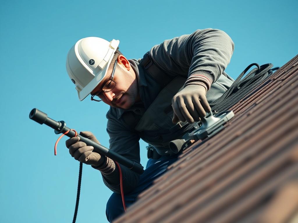 A close-up shot of a professional roofer performing maintenance on a roof, showcasing high-quality materials and tools. The background should be a clear blue sky, highlighting the focus on the roof. The image should be realistic and hyper-realistic, captured with a 45mm f/1.2 lens style, emphasizing the details of the roofing work. The primary color of the image should align with rgb(0, 117, 98).