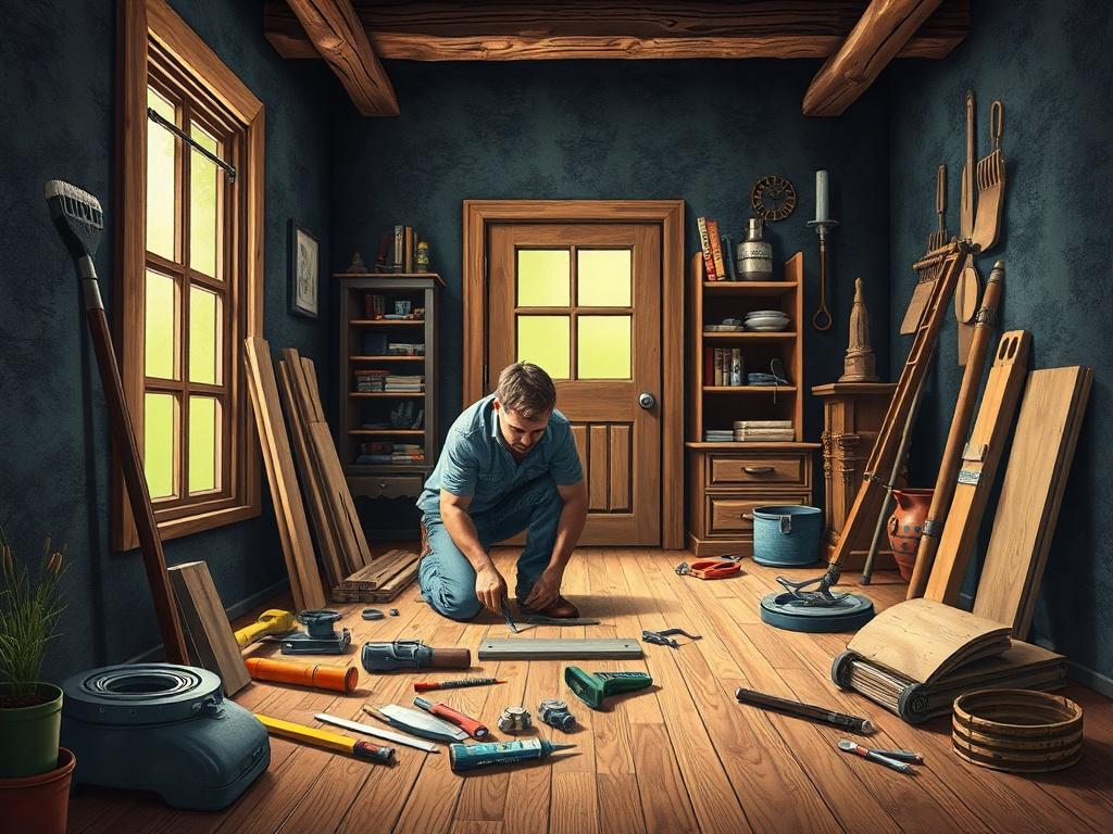A detailed illustration of a craftsman skillfully installing high-quality flooring in a home, surrounded by tools and materials of superior quality. The background should be dark and textured, emphasizing the craftsmanship and dedication to quality that characterizes T&M Home Solutions, with a slight electric green accent to highlight attention to detail.