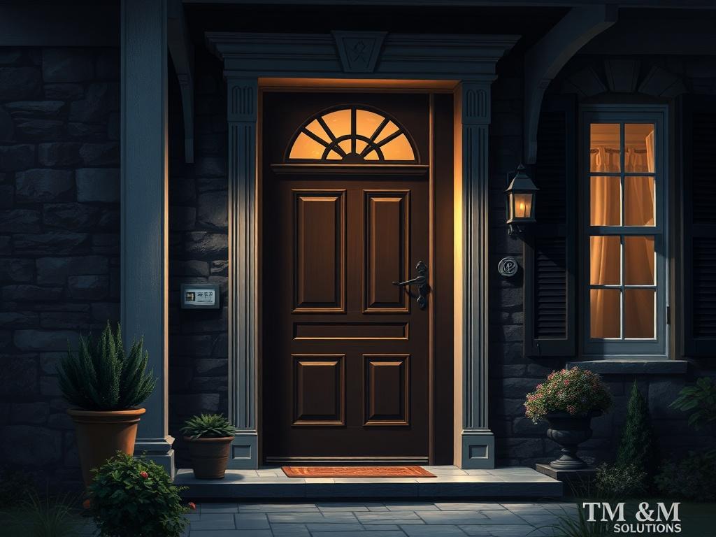 A close-up of a well-maintained home exterior with dark textured stone surfaces, showcasing the professionalism of home repairs. The scene should highlight a beautifully painted door and windows, with a dark, cinematic background that emphasizes the quality of workmanship. The lighting should be low, adding a dramatic touch that complements the upscale vibe of T&M Home Solutions.