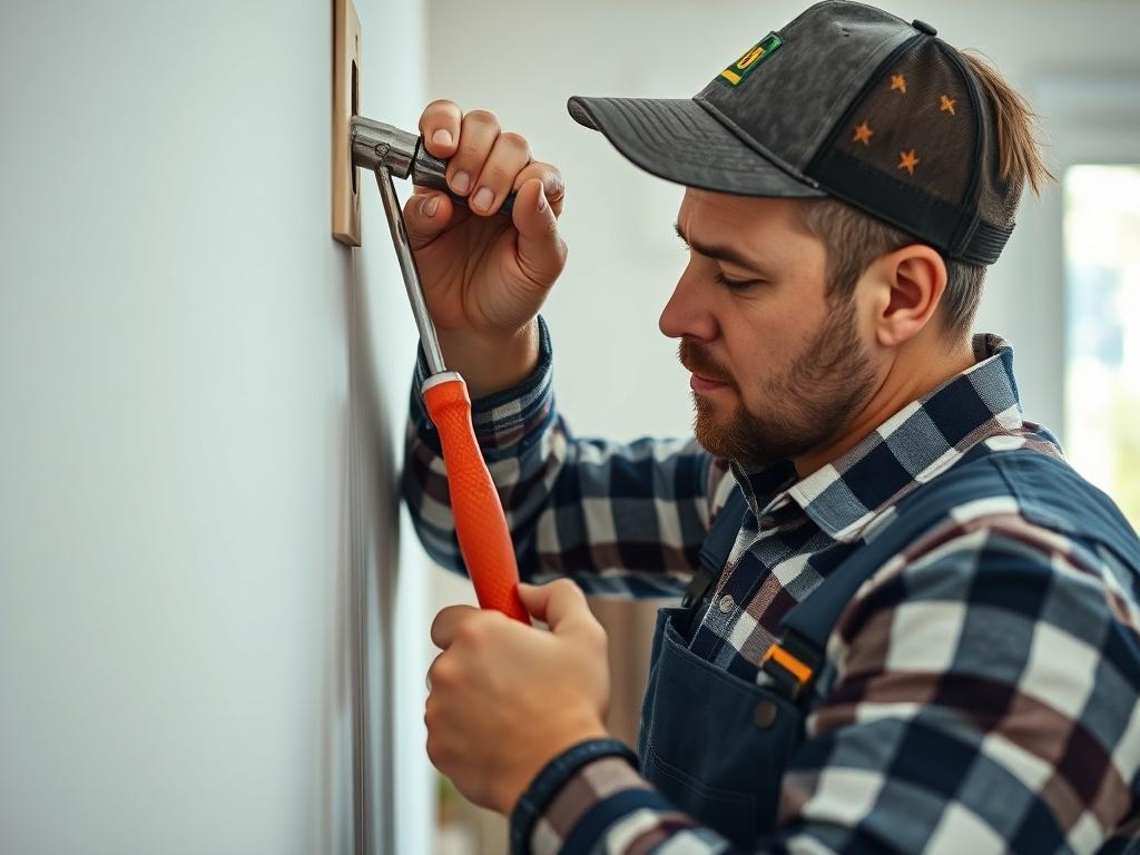 A handyman working on a home repair project, using tools like a screwdriver and hammer. The image should show the handyman focused on fixing a wall or installing a fixture, within a well-lit and organized space that reflects professionalism and attention to detail.