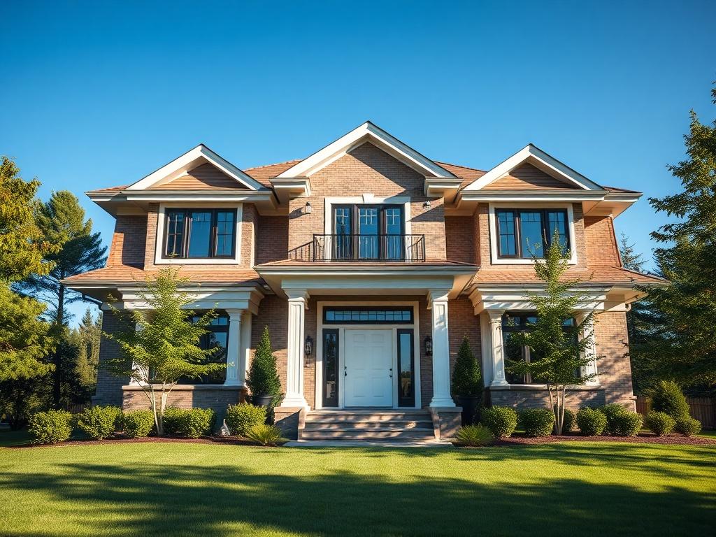 A beautifully constructed house under a clear blue sky, showcasing modern architecture with a focus on details like windows and doors. The image should capture the house in a frontal view with a well-kept lawn and trees around it, emphasizing the quality of construction and inviting atmosphere.