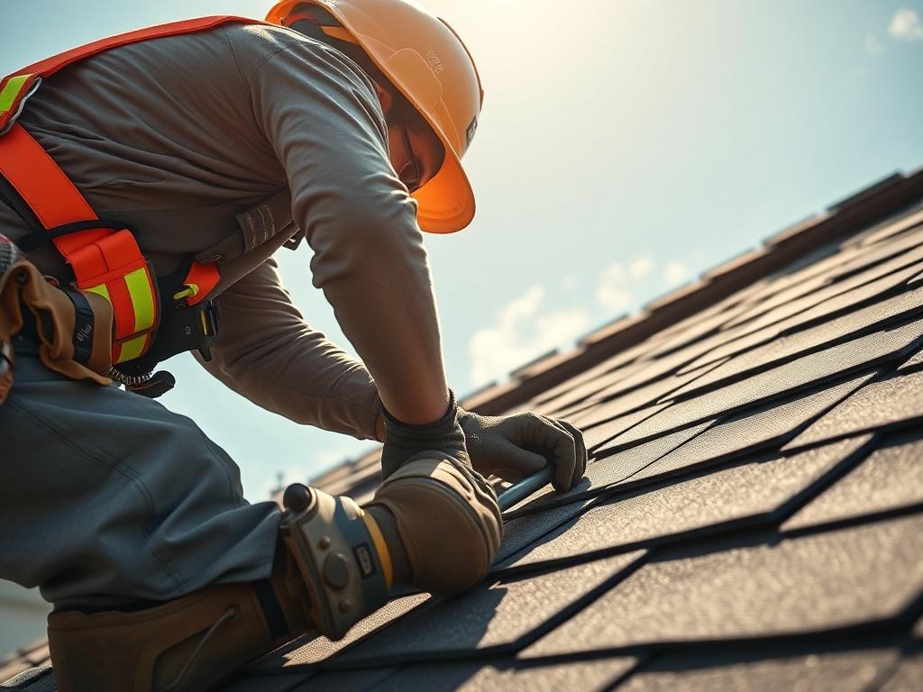 A professional roofer working on a pitched roof with shingles, under a bright sunny sky. The image should focus on the roofer in action, using tools to secure the roofing materials, with a partially completed roof in the background, demonstrating quality workmanship and safety equipment.