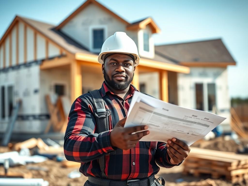 A realistic high-resolution photo of a confident builder, Neville Woods, standing in front of a partially constructed home. He is wearing a hard hat and holding construction blueprints. The background shows construction materials and tools, emphasizing an active building site. The composition is clear and focused, capturing Neville's dedication and professionalism. The photo should be rendered in a hyper-realistic style, compatible with the rgb(2, 86, 197) primary color.