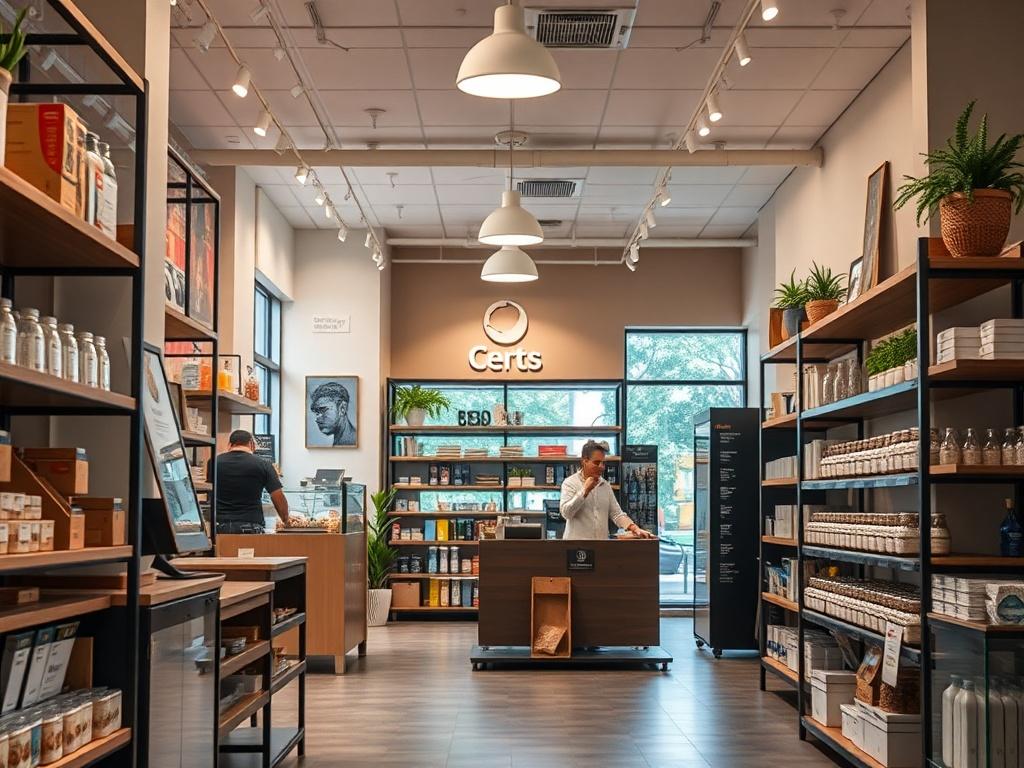 A hyper-realistic close-up shot of an inviting commercial space, showcasing modern design elements like updated lighting, fresh paint, and strategic product displays. The focus is on the interior, providing a warm and welcoming atmosphere. The image is captured with a 45mm f/1.2 lens, highlighting the details of the space.