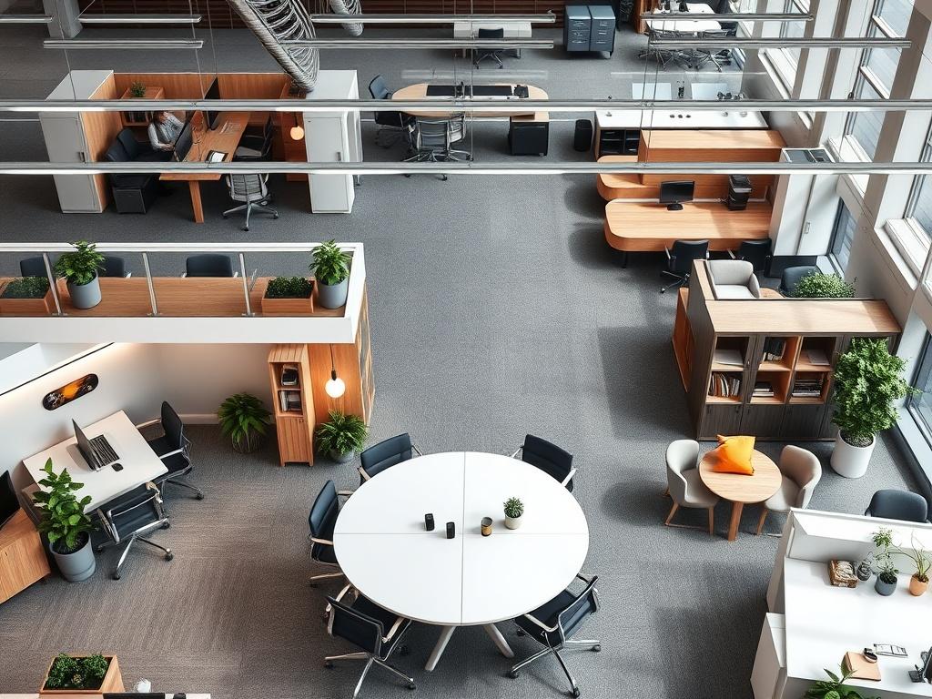 A hyper-realistic close-up shot of a modern office layout, featuring open collaborative spaces, private office areas, and contemporary furnishings. The image captures the essence of a productive work environment, emphasizing both style and functionality, shot with a 45mm f/1.2 lens.