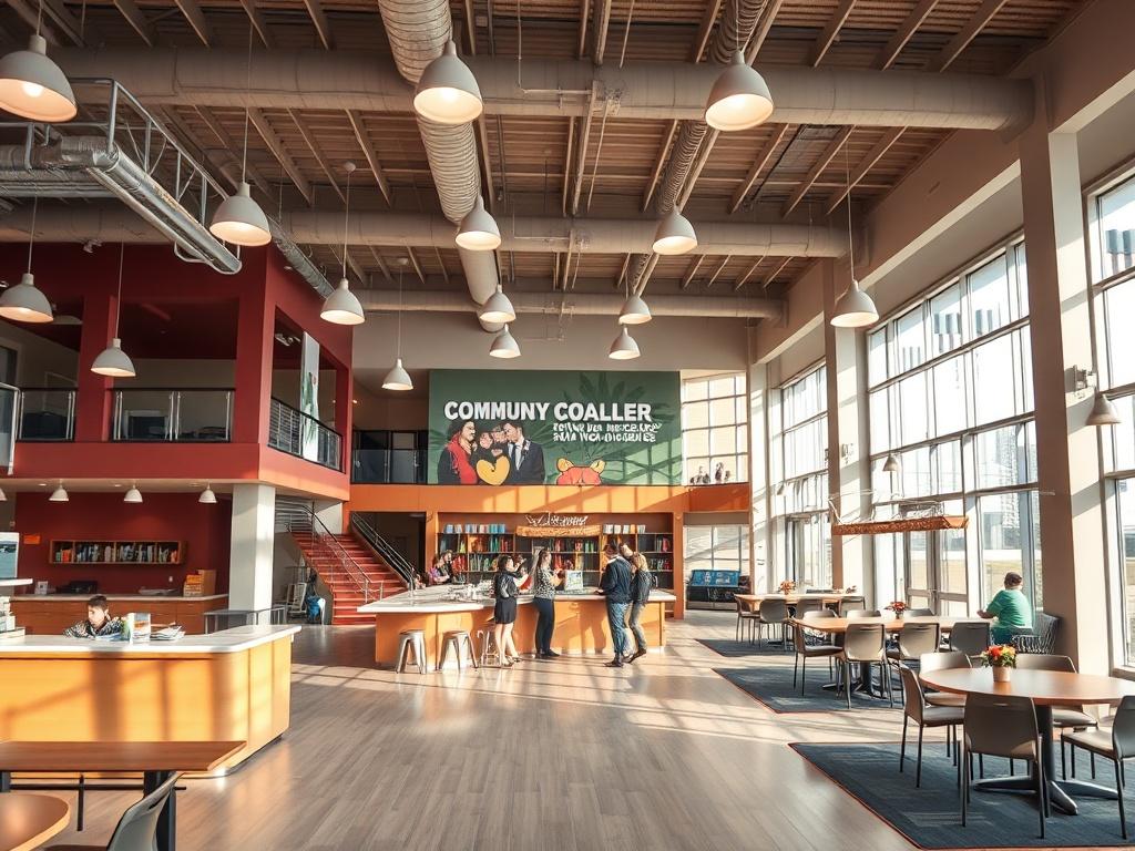 A hyper-realistic close-up shot of a modernized community center interior, showcasing updated amenities and a vibrant atmosphere. The image highlights the welcoming decor and functional spaces designed for various events, captured with a 45mm f/1.2 lens.