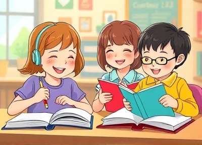 Elementary students studying