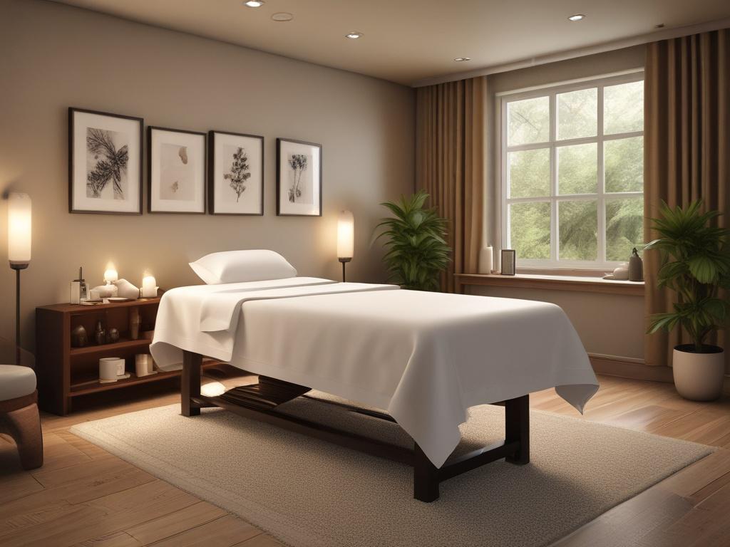 A serene and inviting massage room, softly lit with candles