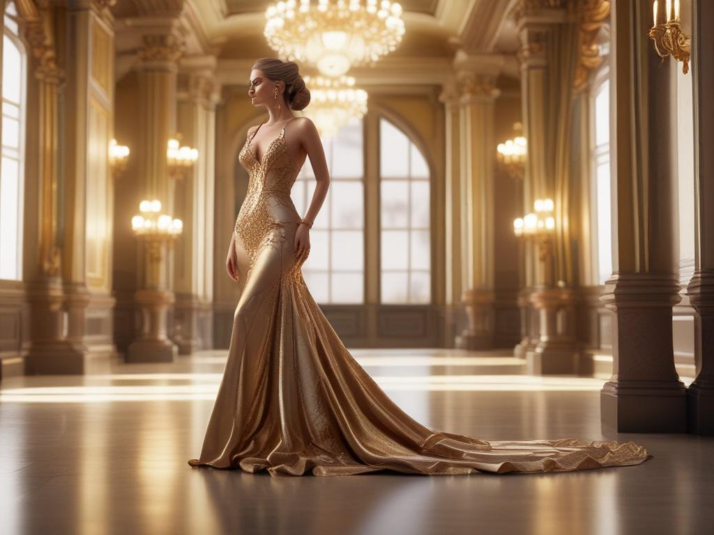 A glamorous ramp model in a chic evening gown, posing