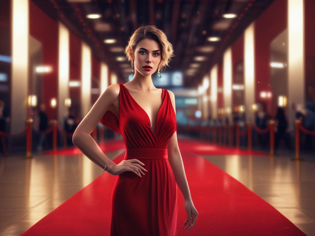 A glamorous actress in a stylish cocktail dress, standing on