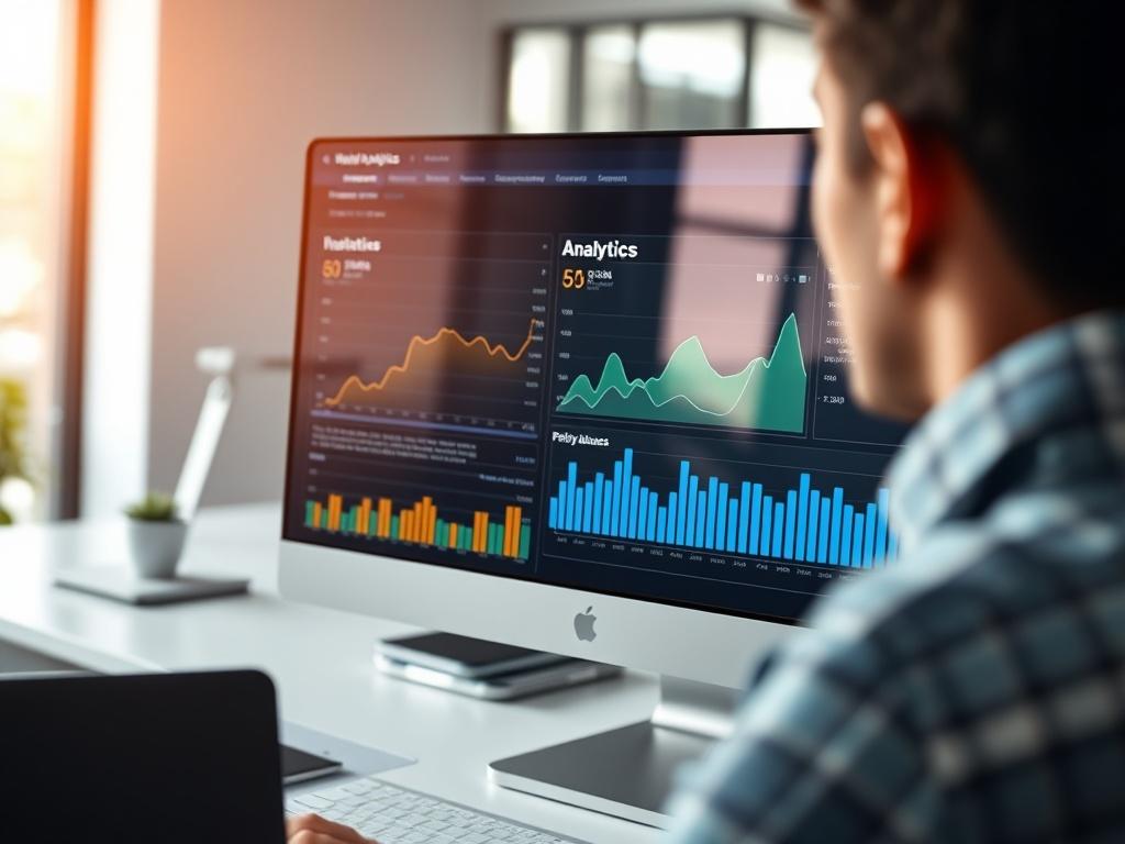 A hyper-realistic close-up shot of a computer screen displaying a website analytics dashboard, with graphs and performance metrics prominently visible. The background should be a clean, modern office environment with soft lighting, emphasizing a professional and efficient atmosphere. The focus should be on the screen, capturing the details of the data being analyzed, while keeping the background slightly blurred to highlight the subject.