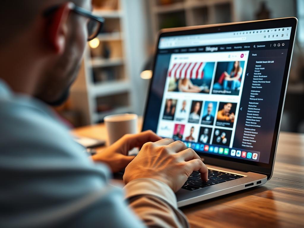 A hyper-realistic close-up shot of a developer working on a laptop, designing an e-commerce website with a vibrant online store interface displayed on the screen. The background is softly blurred to focus on the developer's hands and the screen, showcasing modern design elements. The setting is bright and inviting, emphasizing creativity and technology. The image should resonate with the theme of e-commerce development.