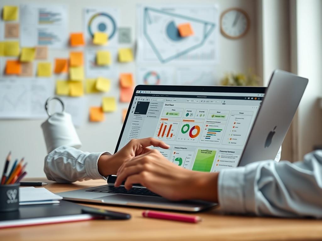 An organized workspace with a person reviewing a project plan