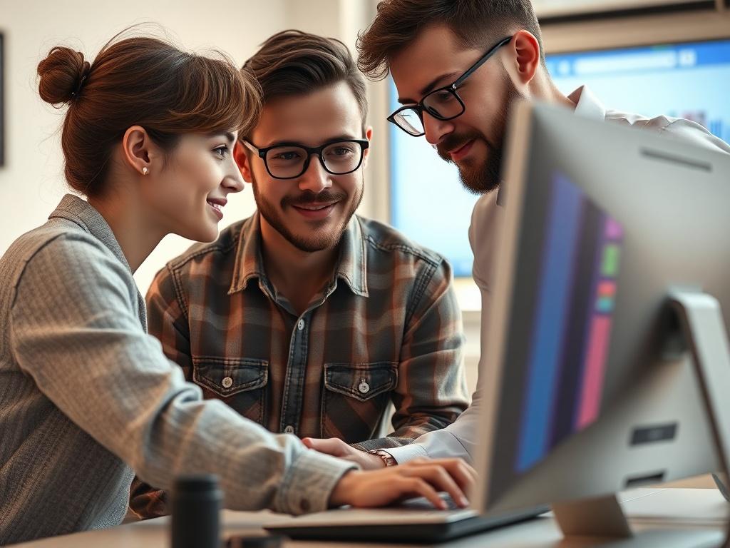A designer and developer collaborating over a computer, showcasing a