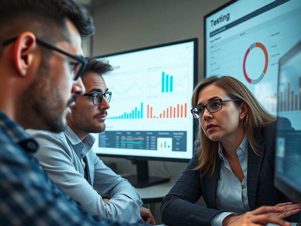 A team of professionals reviewing a testing report on a