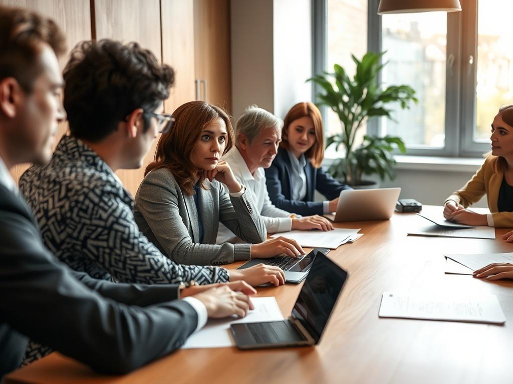 A professional meeting setting with a diverse group of people