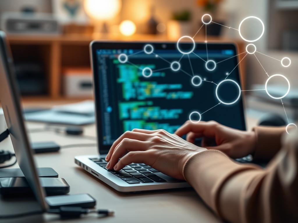 A hyper-realistic close-up shot of a software developer's hands coding on a laptop, with a digital representation of interconnected APIs floating in the background. The setting should be an organized workspace, with a few tech gadgets around, and the lighting should be soft to highlight the focus on the coding process. The color theme should incorporate shades of rgb(2, 86, 197) to align with the brand's identity.