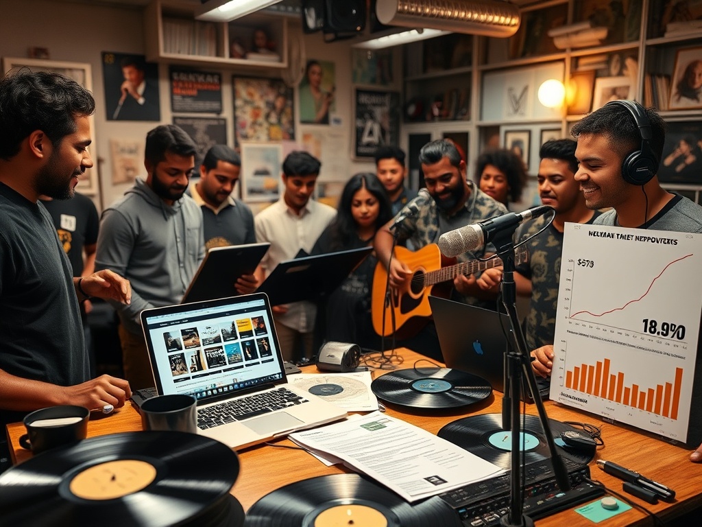 Musicians collaborating in creative workspace with income growth