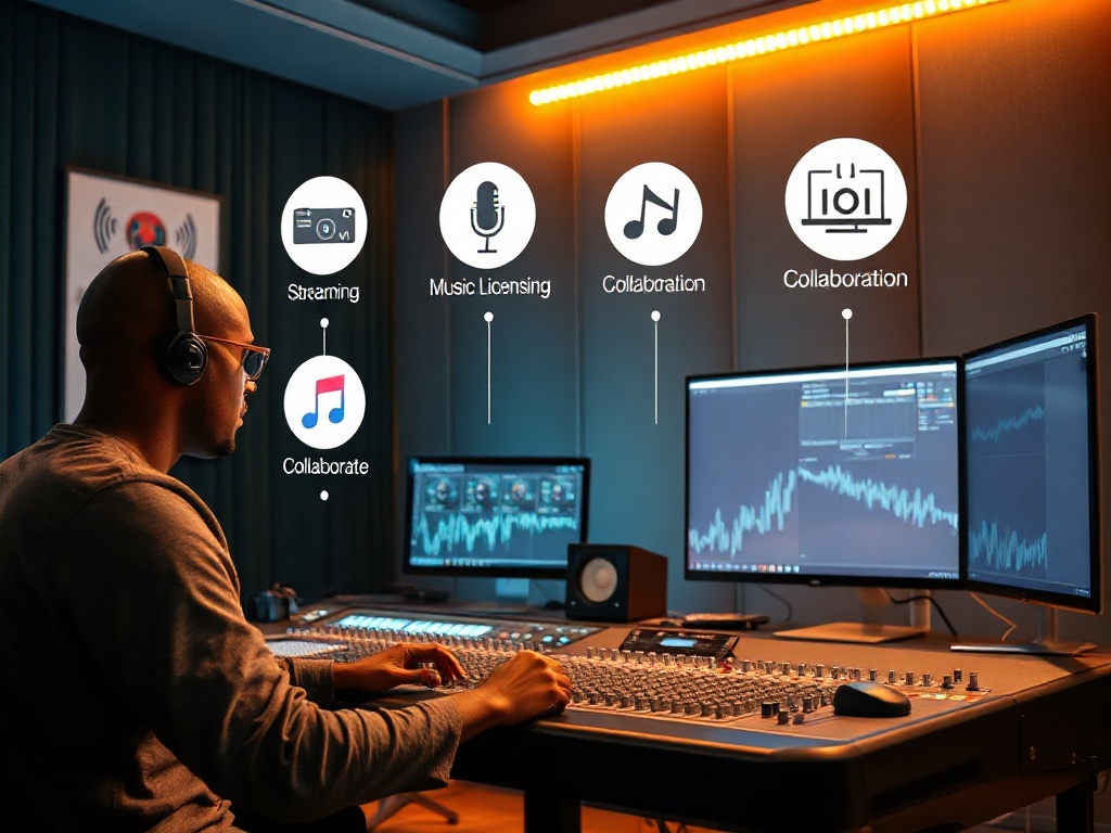Music producer working at mixing console with multiple income streams