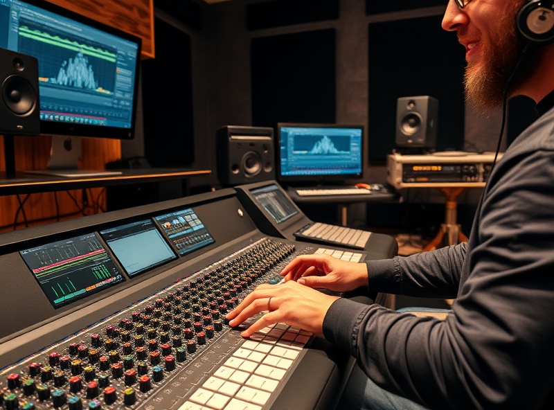 Sound engineer working at mixing console