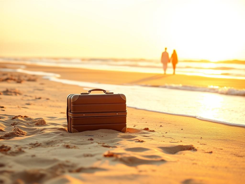 A serene beach scene with golden sands and gentle waves lapping at the shore. A single suitcase sits on the sand, inviting the viewer to pack for an impromptu getaway. The sun sets in the background, casting a warm, golden hue over the scene, creating a cozy atmosphere. In the distance, a couple can be seen walking hand in hand, embodying the spirit of spontaneity and adventure. The composition is simple and clear, focusing on the suitcase and the beach, evoking the excitement of last-minute travel.