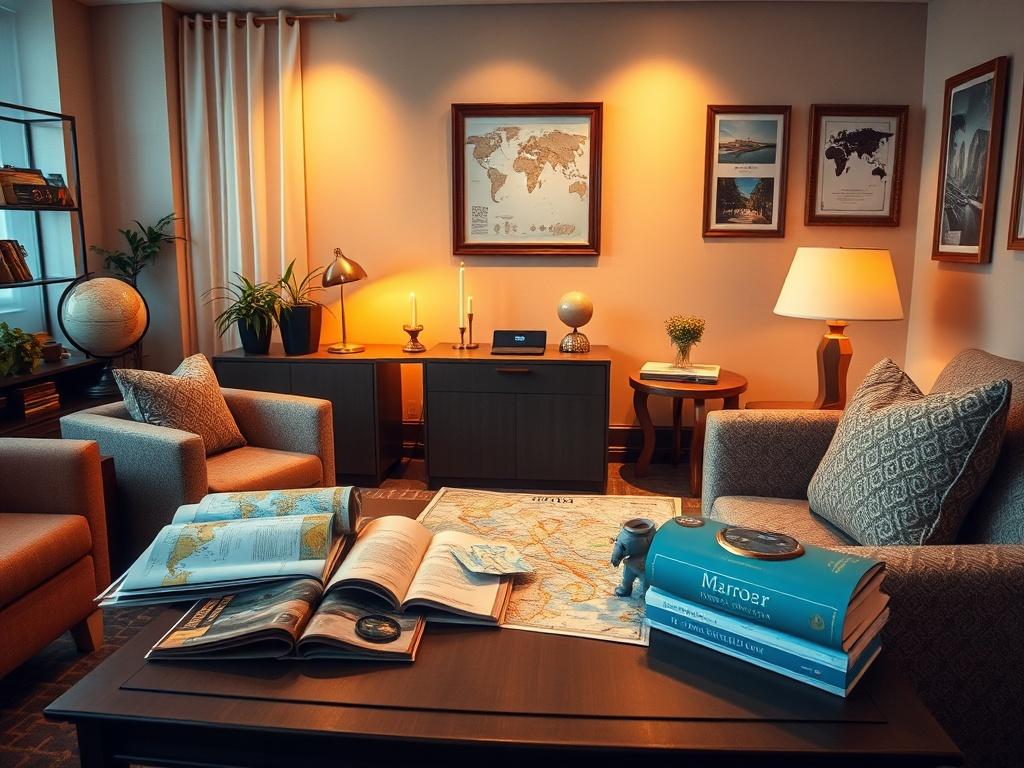 A warm and inviting travel agency office, showcasing a comfortable
