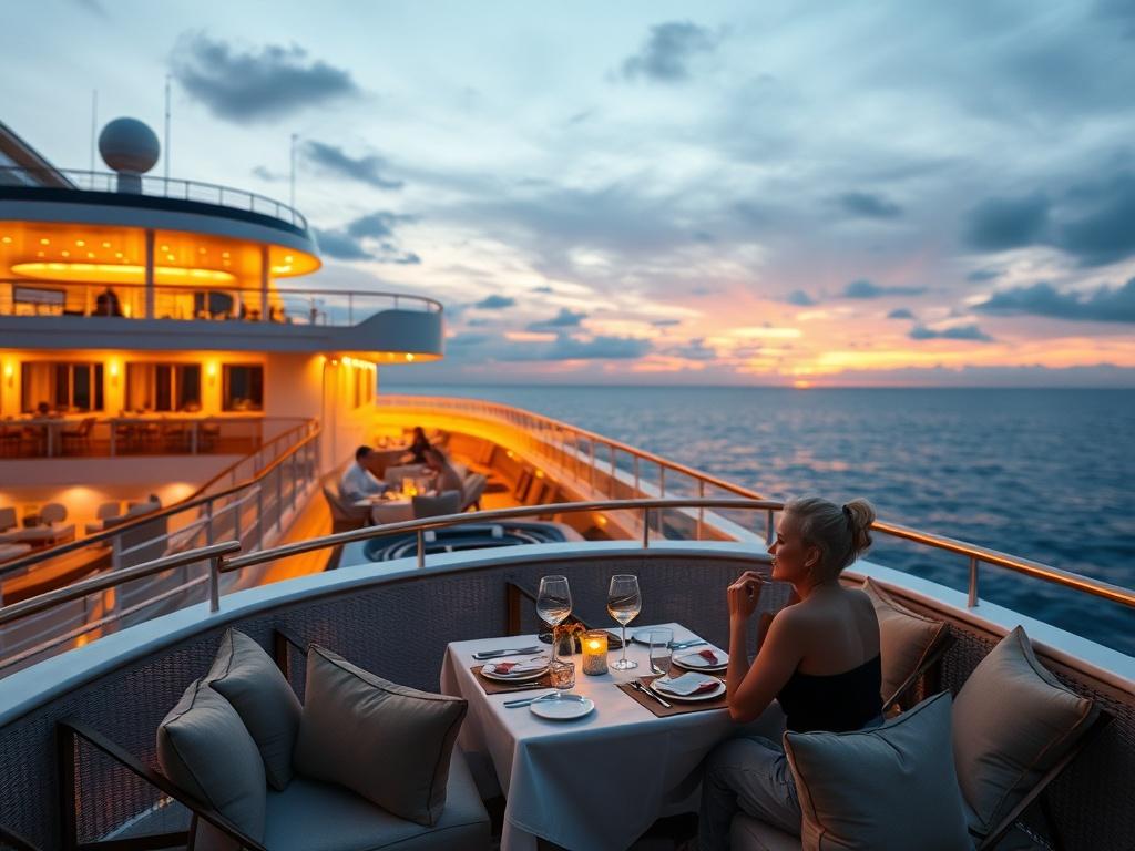 A luxurious cruise ship sailing across calm blue waters during