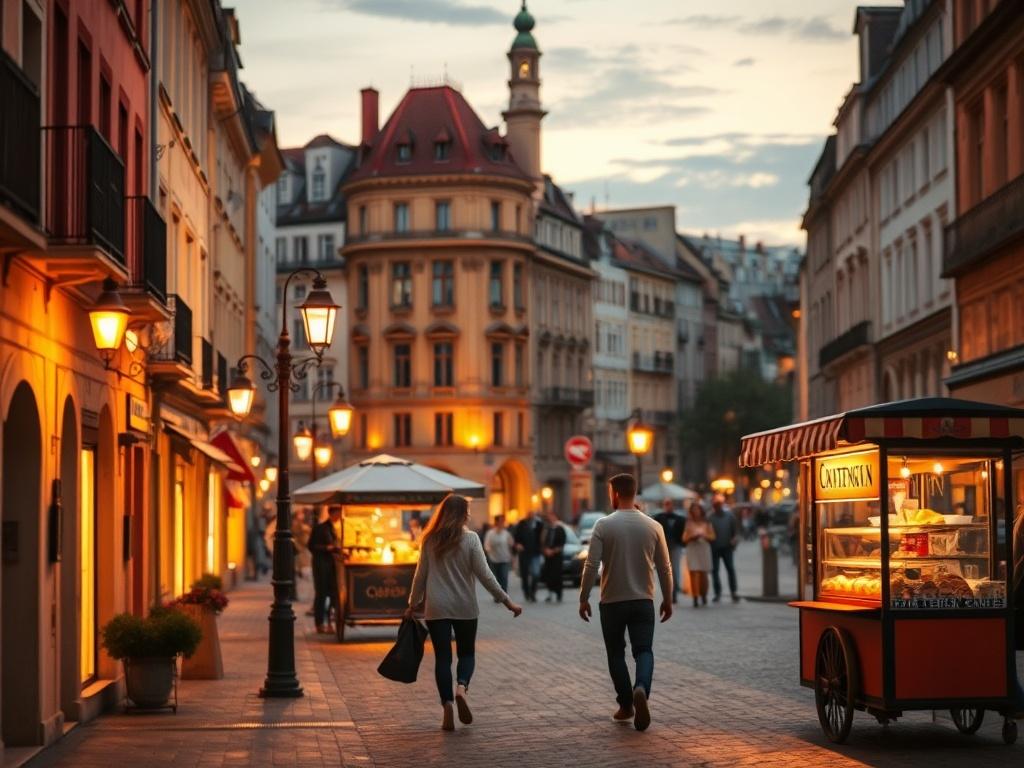 A picturesque cityscape at dusk, showcasing charming streets and historic