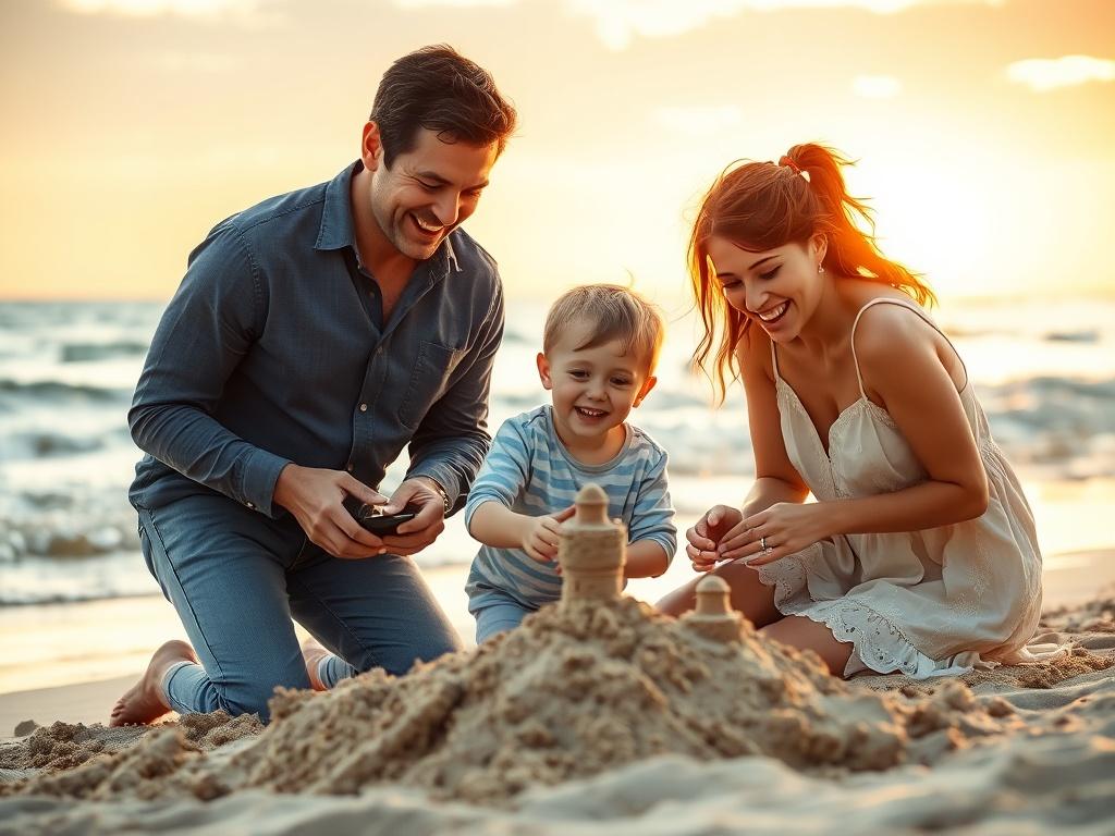 A serene family beach holiday scene with golden hues and