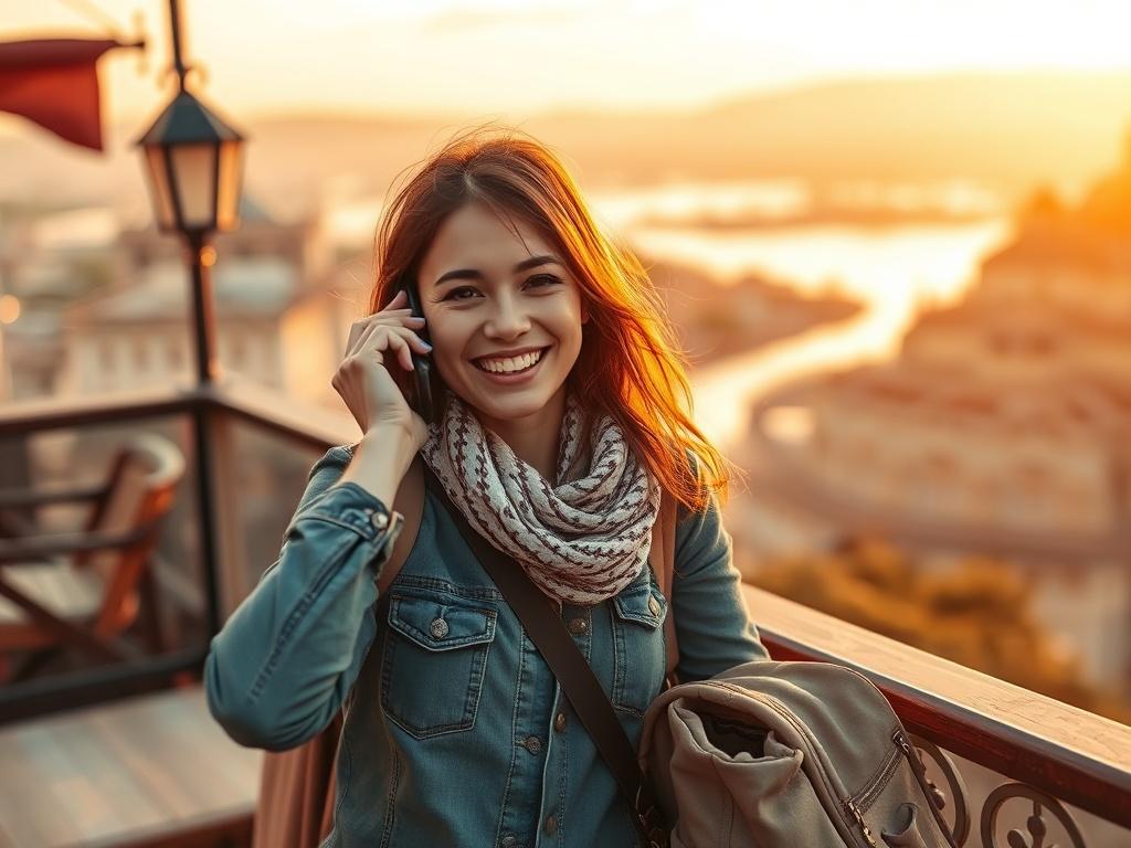 A traveler happily speaking on the phone in a picturesque