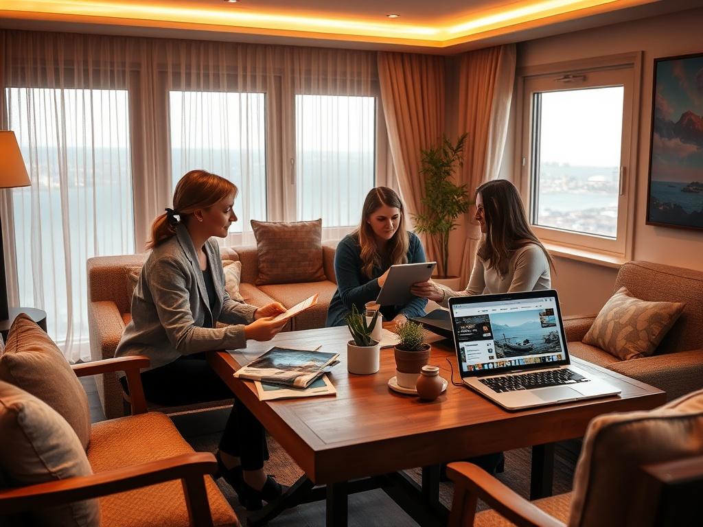 A cozy travel consultation room with a warm ambiance, featuring