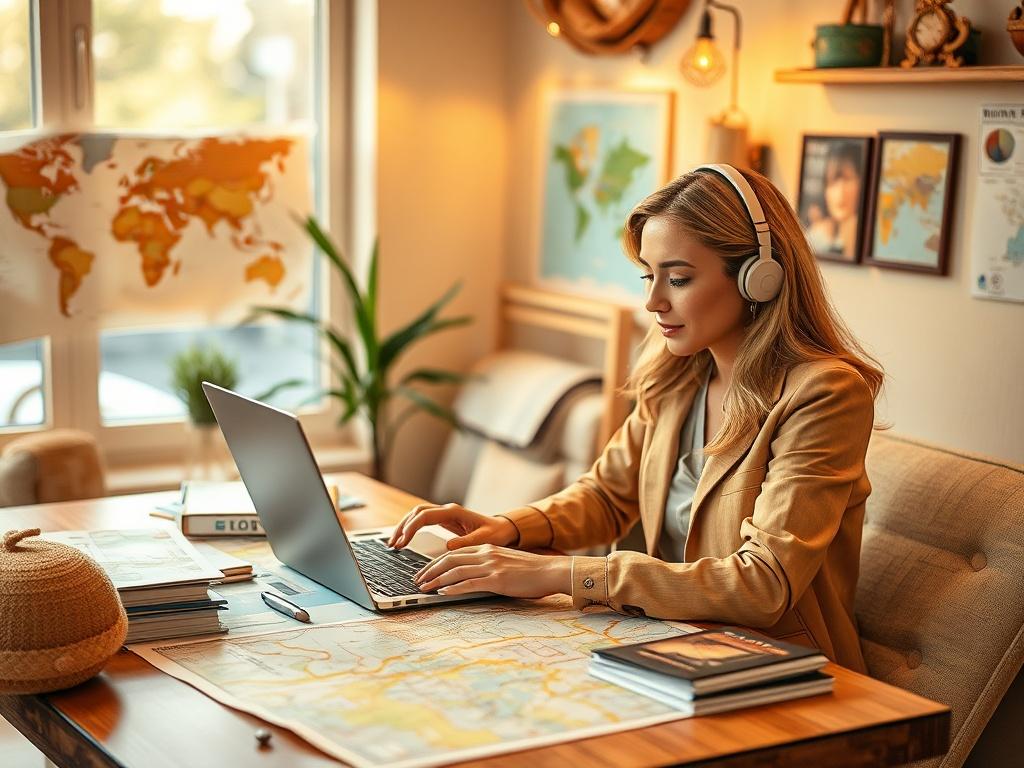 A travel consultant working on a laptop, surrounded by maps